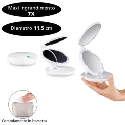 Macom Doppio Specchio Da Borsetta Luce Led 7x E Naturale Per Trucco Bianco